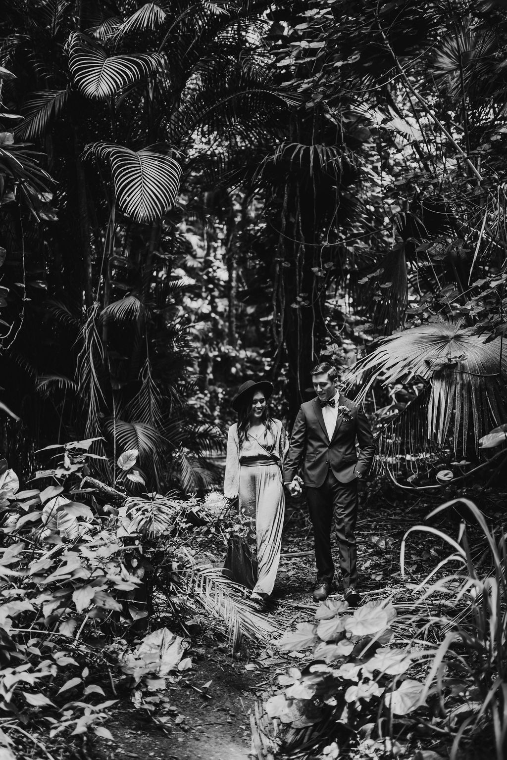 Wedding & Elopement Photographer, black and white shot of bride and groom in jungle
