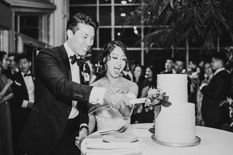 Wedding & Elopement Photographer, husband and wife cut their wedding cake together before a large crowd at the reception