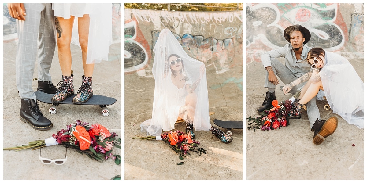 Reasons To Elope, bride and grooms smoking at skatepark with dr marteens, black elopement, 420 elopement, smoking weed wedding, skateboard elopement