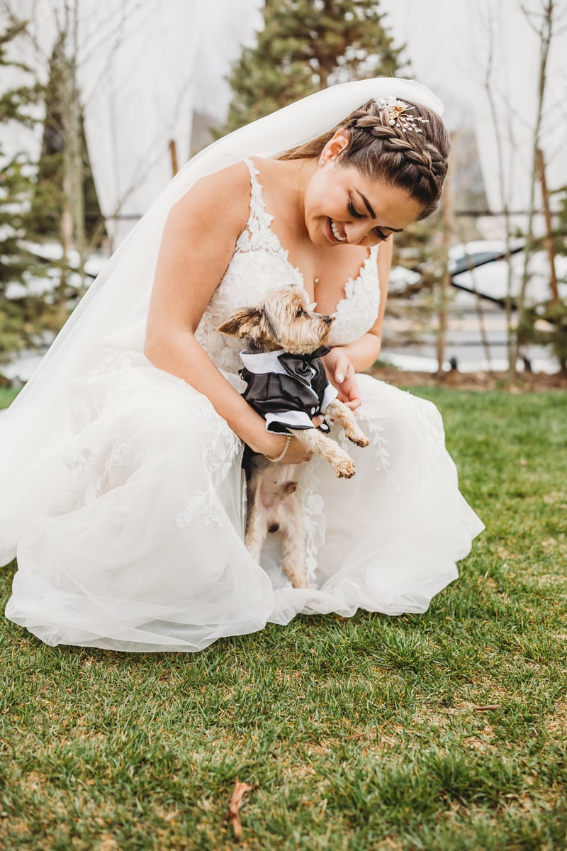 Wedding and Photographer, a bride kneels down to give her little dog attention, the dog is wearing a little suit