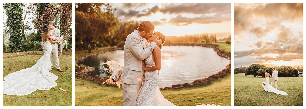 Top 5 Wedding Venues in Oahu, bride and groom kissing at sunset