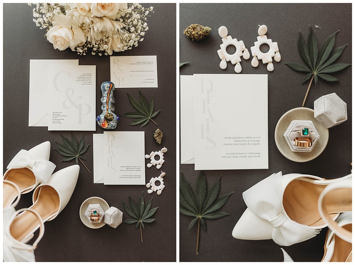 cannabis wedding detials, wedding shoes with bows, 420 friendly elopement