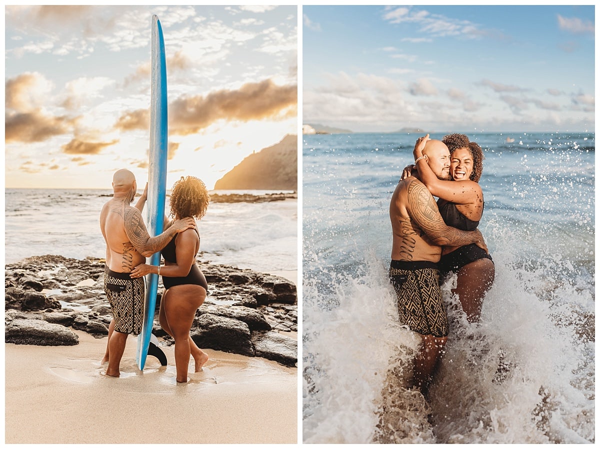engagement photos in oahu, beach couples photos, surfing couples photos, couple getting splashed at the beach