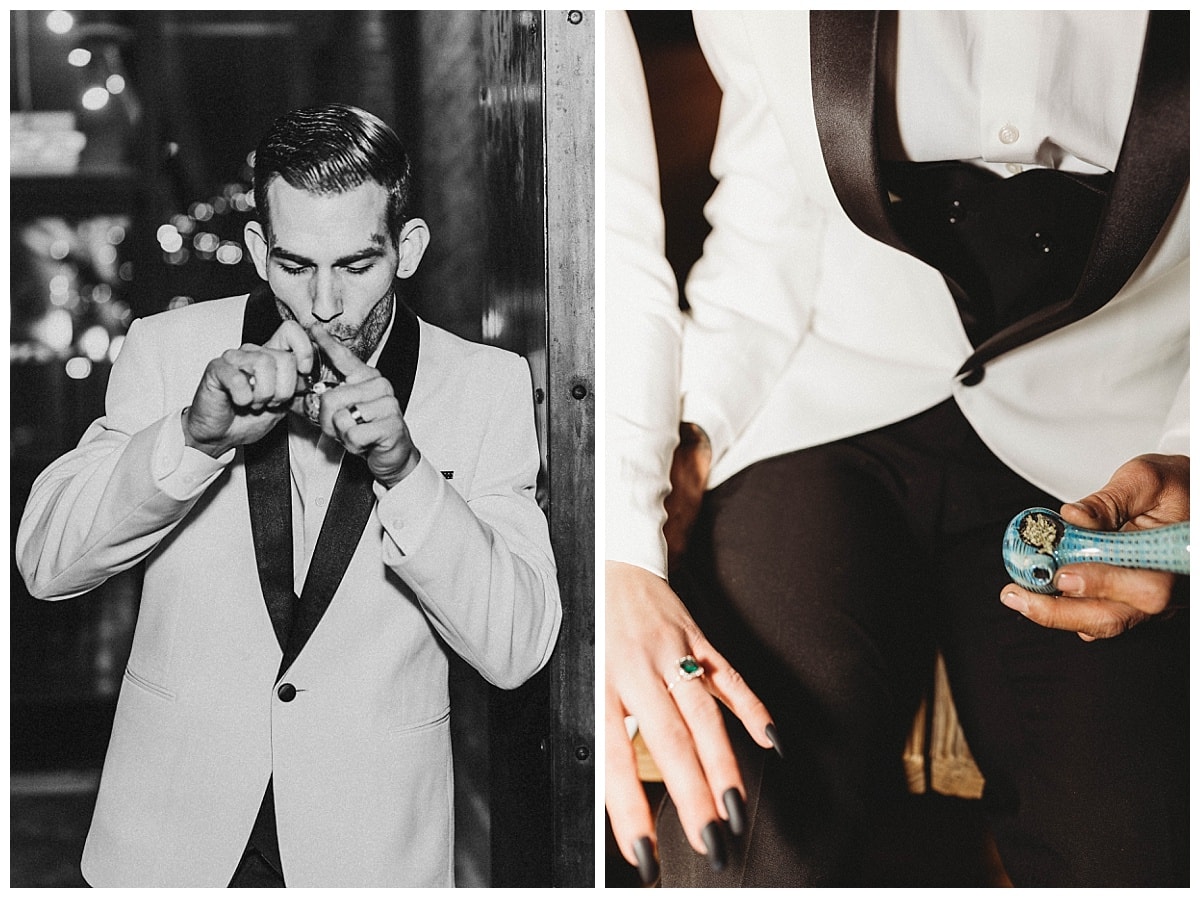 groom smoking weed, groom smoking out a bowl, groom wearing a tux and smoking