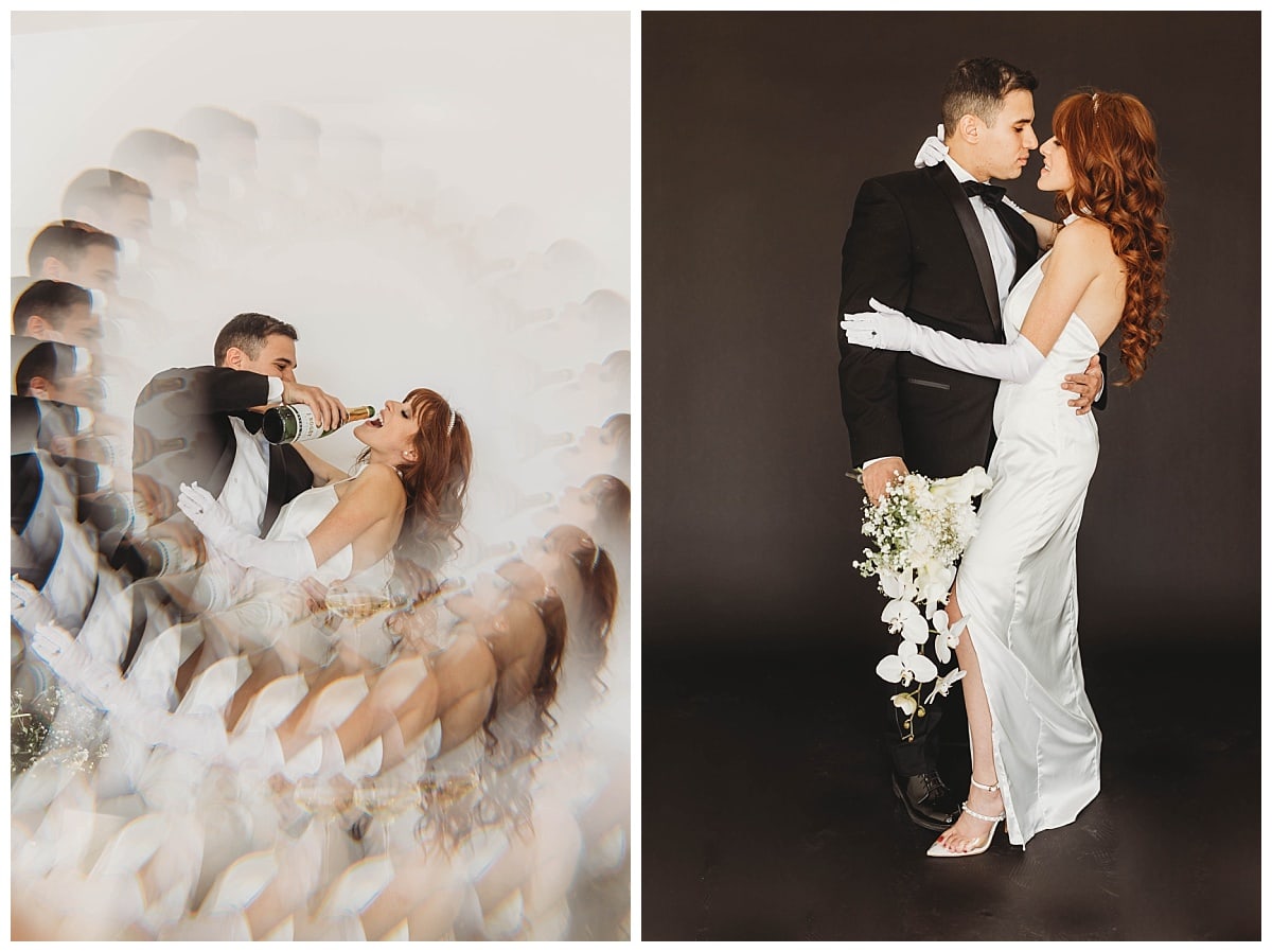 bridal studio portraits, bride with red hair, satin wedding dress, couple holding each other