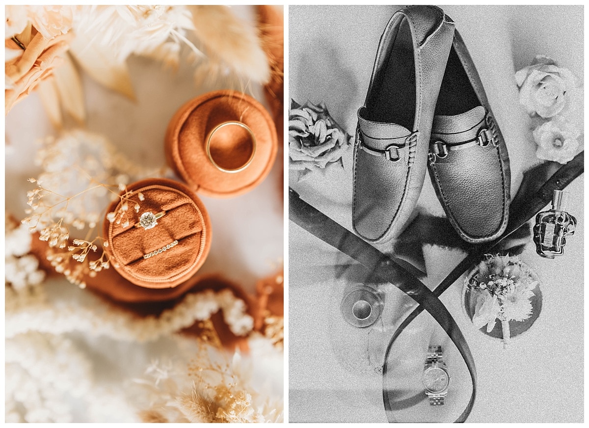 groom wedding day details, rust ring box with wedding ring, boho wedding details, wedding ring photo