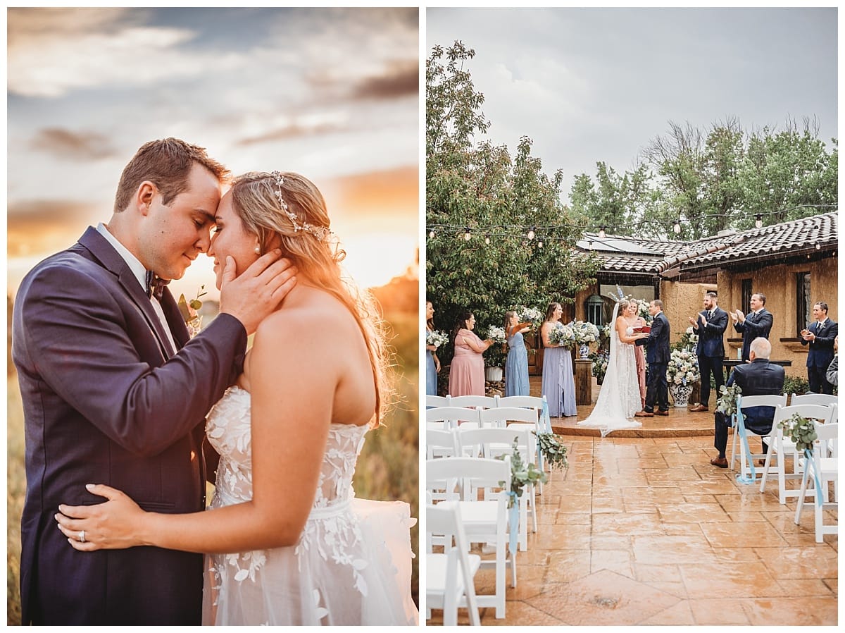 bride and groom kissing, Villa Parker wedding venue, raining during ceremony, wedding ceremony in the rain