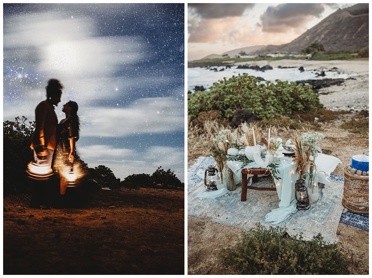oahu picnic, couple at the beach with a picnic set up, bride and groom night photos, bride and groom star photos