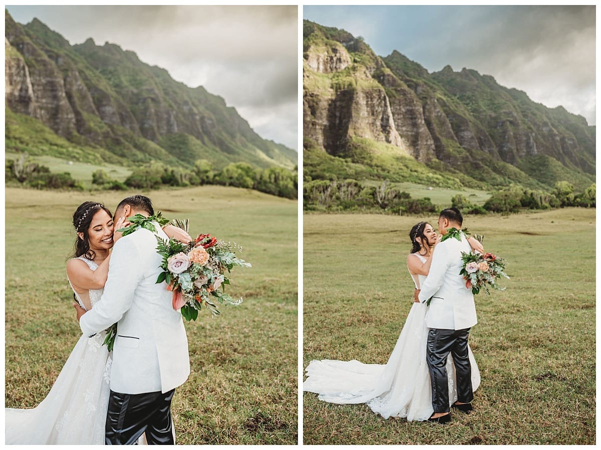 Oahu Elopement Photographer, couple hugging in kualoa ranch, oahu mountain wedding, groom in white suit