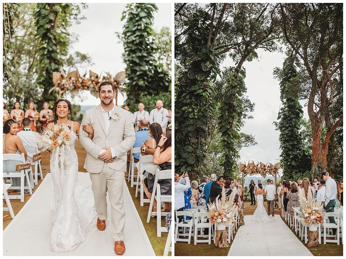 Top 5 Wedding Venues in Oahu, bride and groom walking down the isle, bride and groom at Sunset Ranch