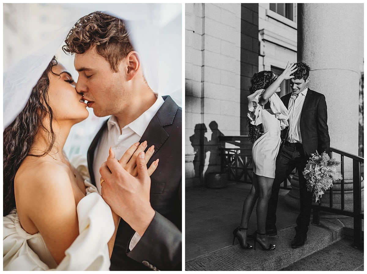 Colorado Springs Elopement Photographer, bride and groom at court huose wedding, short bridal dress, under veil kiss, 