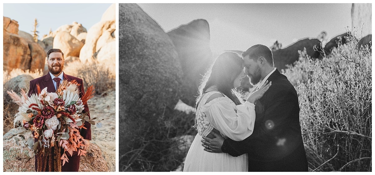 Colorado Springs Elopement Photographer, groom holding the flower bouquet, groom with boho bouquet, bride and groom holding each other during sunset, sunset bridal photos