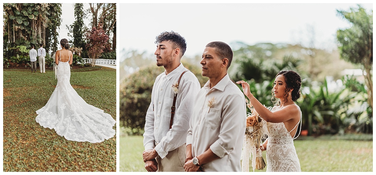 lace wedding dress, boho wedding dress, first look with dad, first look with brother, first look photos, first look reactions
