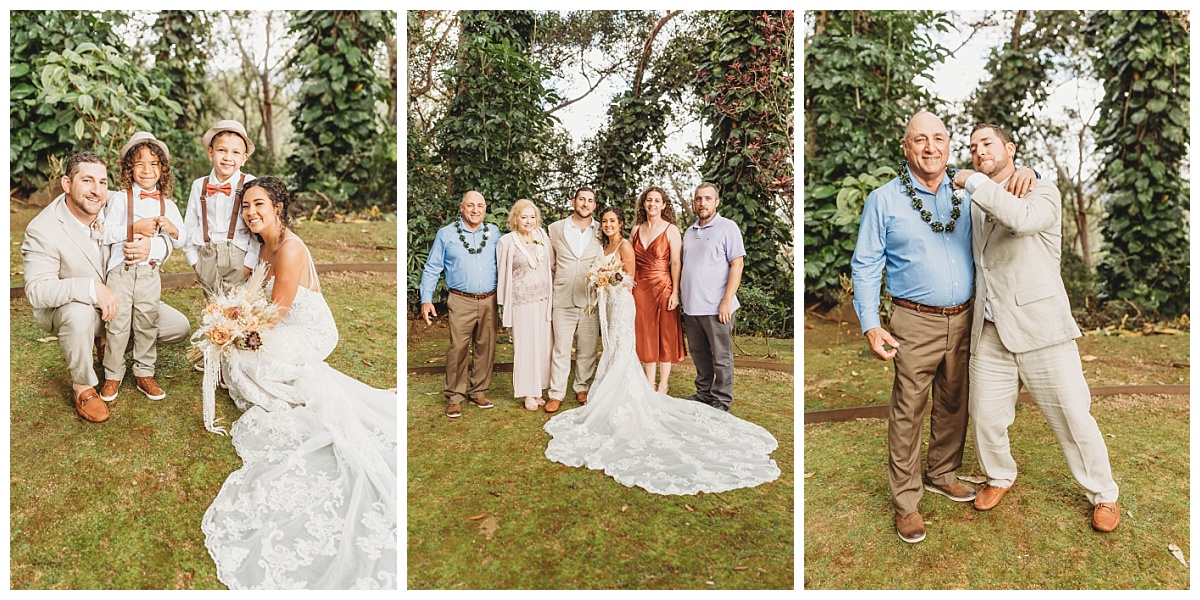 bride and groom with ring bearer, kids with suspenders at wedding, groom with dad, bride with grooms family