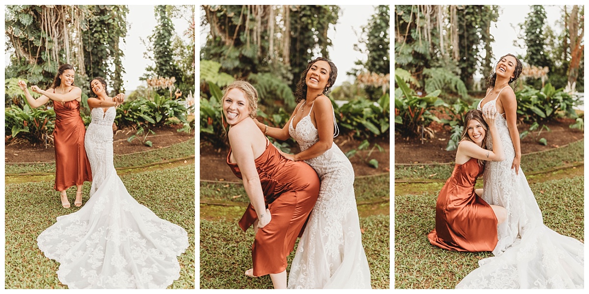 hawaiian bride, bride with best friends, bride with bridesmaid funny photo, funny bridesmaid photos