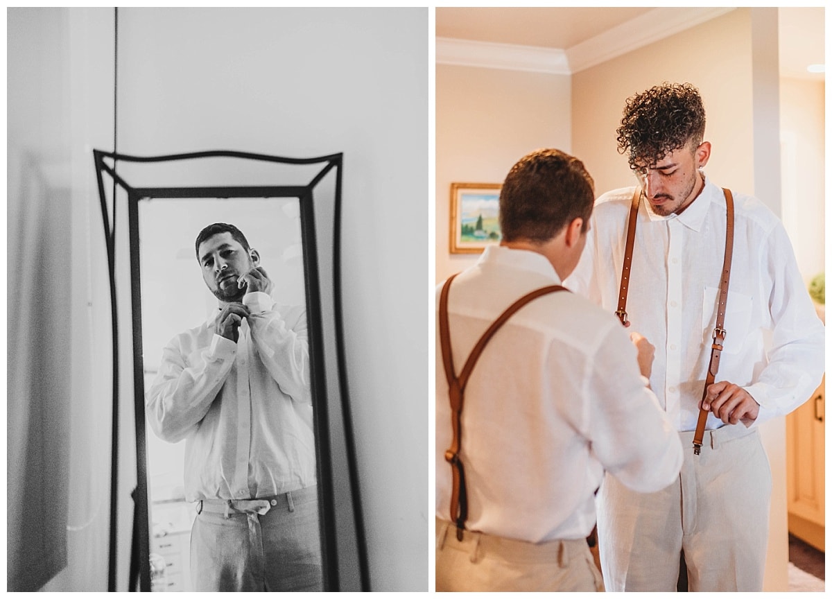 groom getting ready in wedding suite, groomsmen getting ready, wedding attire with suspenders, groom putting on cuff links