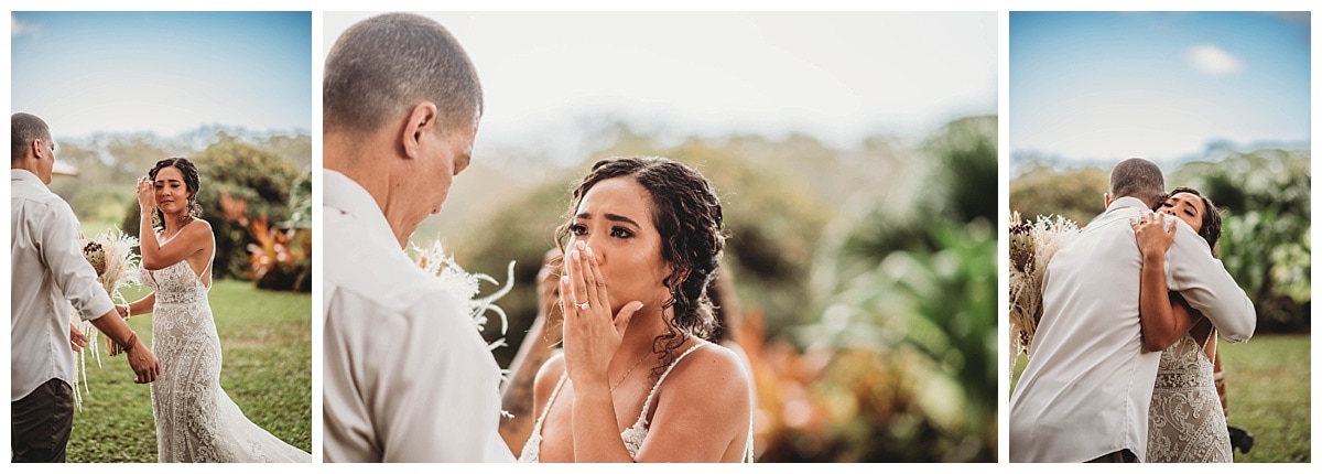 bride crying during first look, bride crying at first look, dad crying at first look, first look reaction from bride