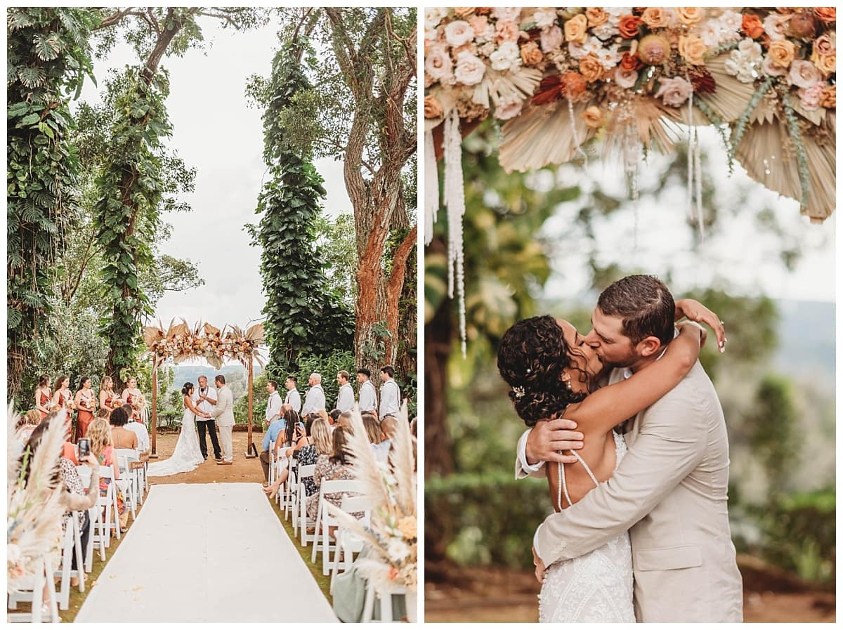 garden wedding, garden wedding aisle, bride and groom kissing during ceremony, boho wedding ceremony