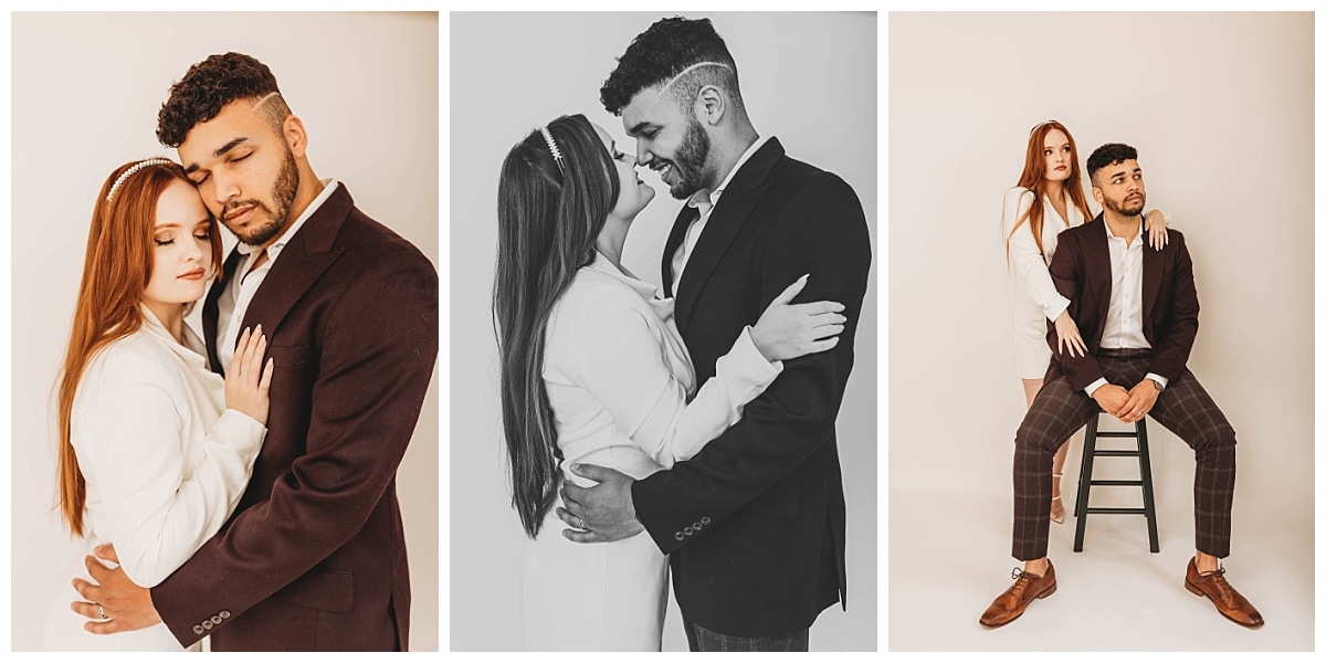 Studio Engagement Photoshoot, couple kissing, biracial wedding