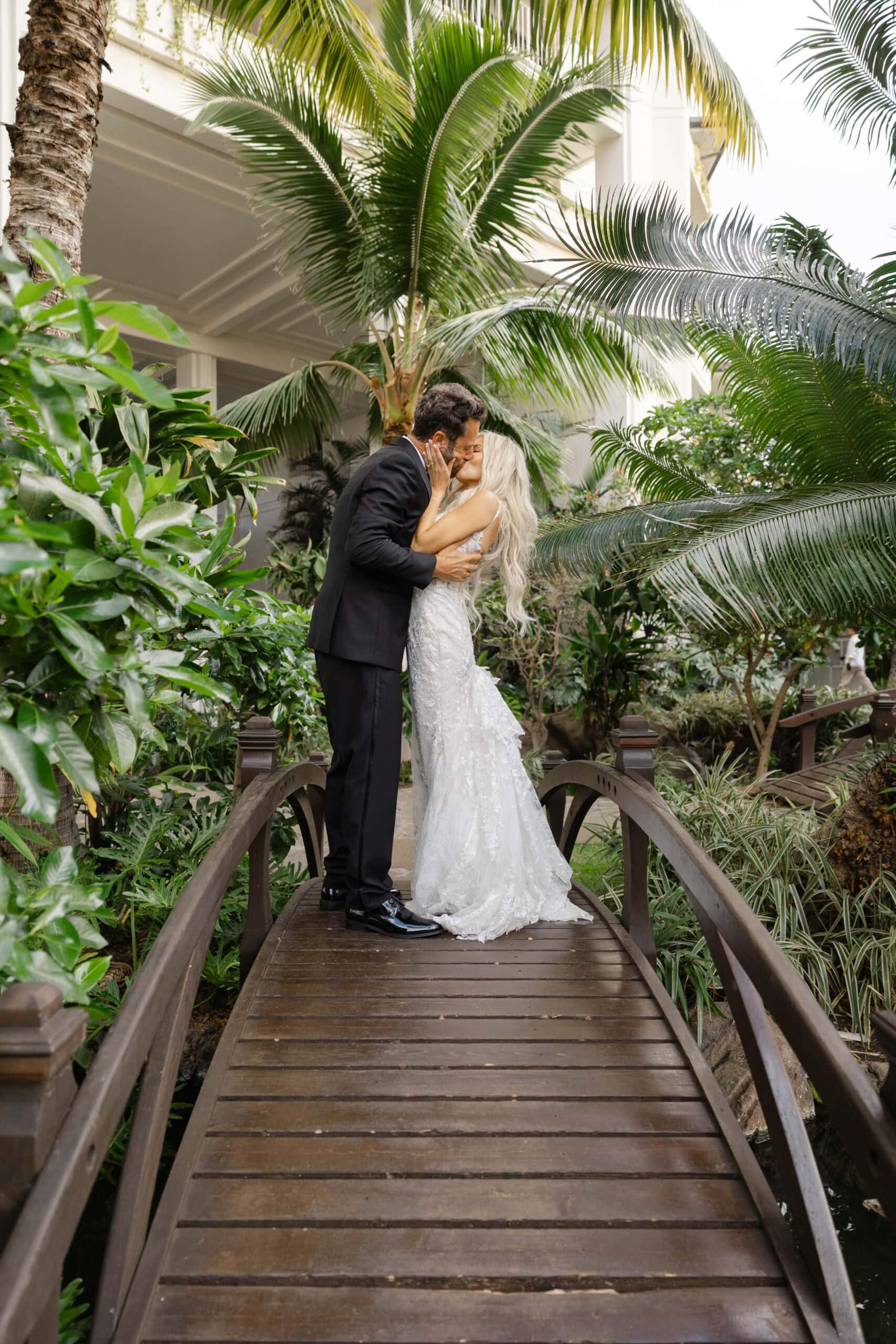 A bride and groom in the Four Seasons wedding venue Oahu
