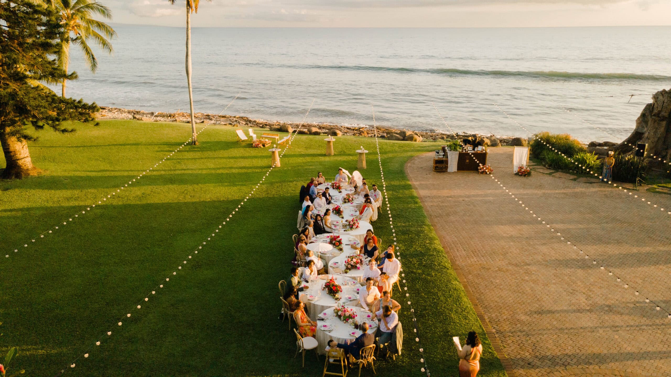 An aerial view of a wedding reception at Olowalu Plantation House