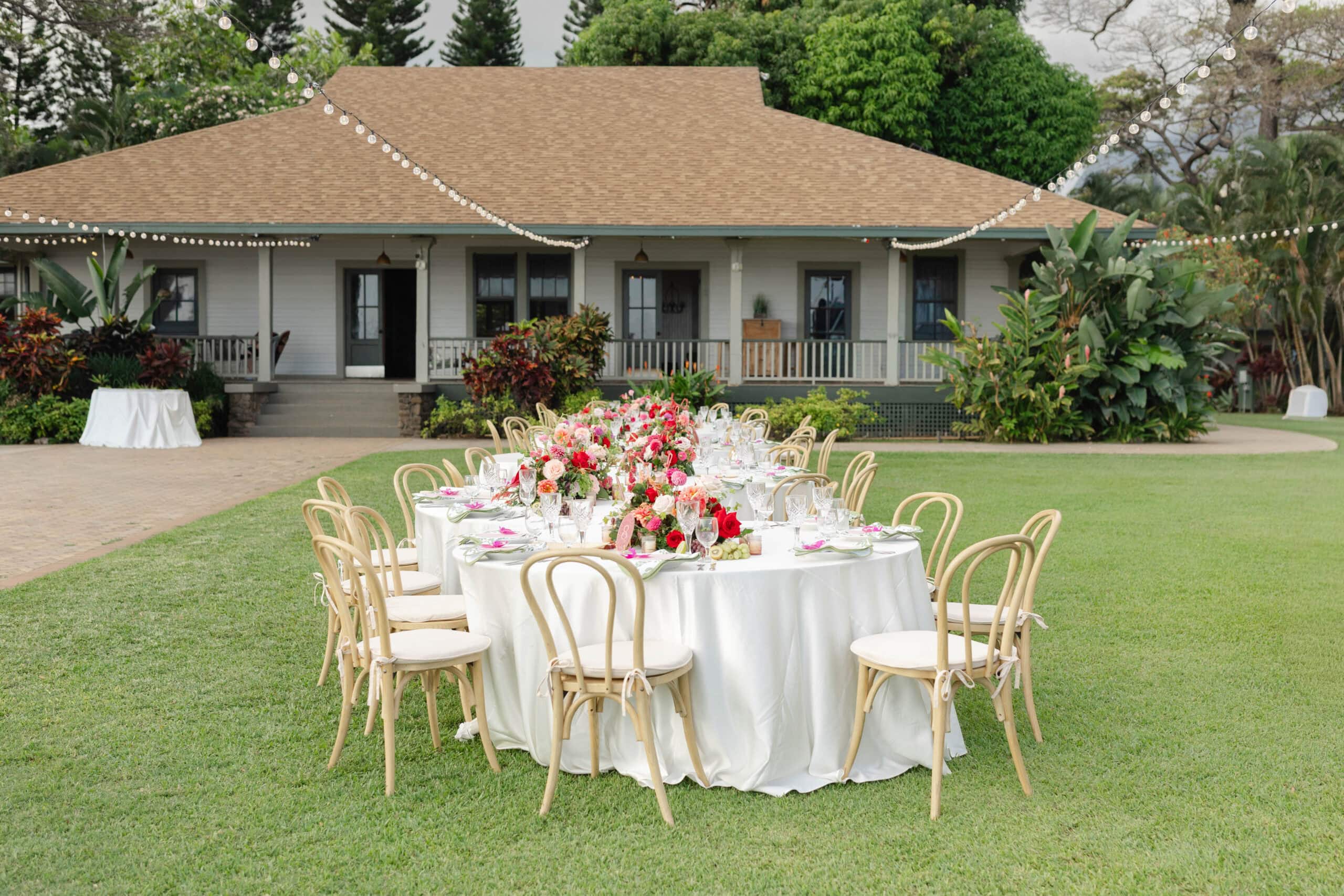 A wedding reception setup at Olowalu Plantation House