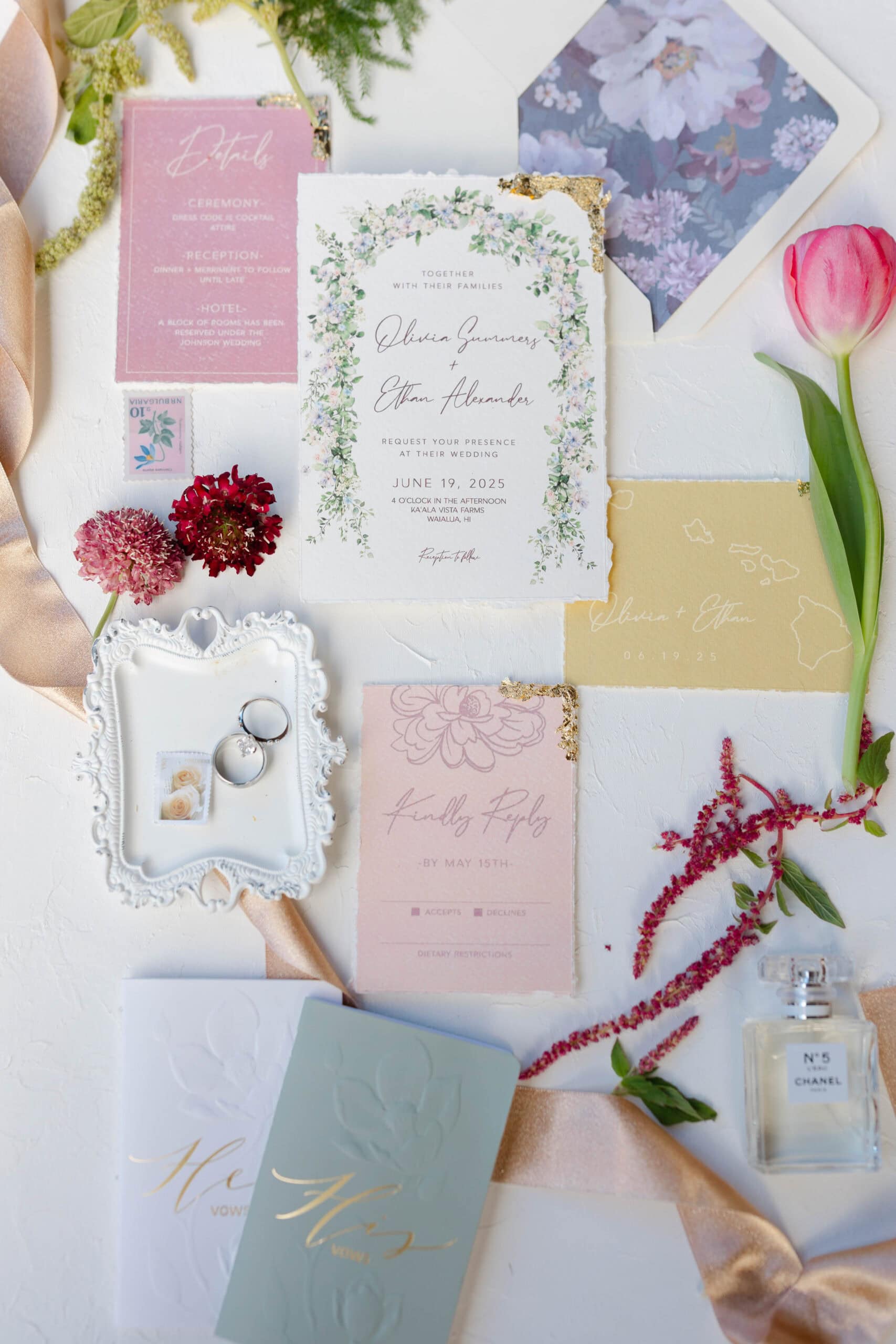 A colorful wedding flat lay